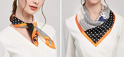 ANDANTINO 100% Mulberry Silk Scarf -21” Lightweight Square Neckerchief – Breathable Digital Printed Scarves with Gift Packed - color: Black& Orange Geometric