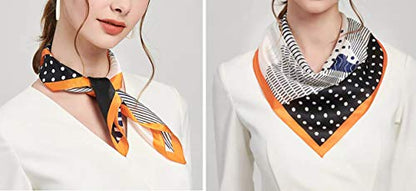ANDANTINO 100% Mulberry Silk Scarf -21” Lightweight Square Neckerchief – Breathable Digital Printed Scarves with Gift Packed - color: Black& Orange Geometric