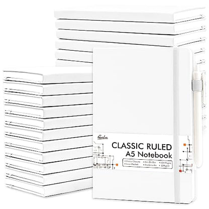 feela College Ruled Notebooks, 24 Pack Business Notebook Hardcover Lined Writing Journal with Pen Holder for Men Women Note Taking, with 24 Black Pens, 120 GSM, 5.1”x8.3”, A5, White - color: 24 White