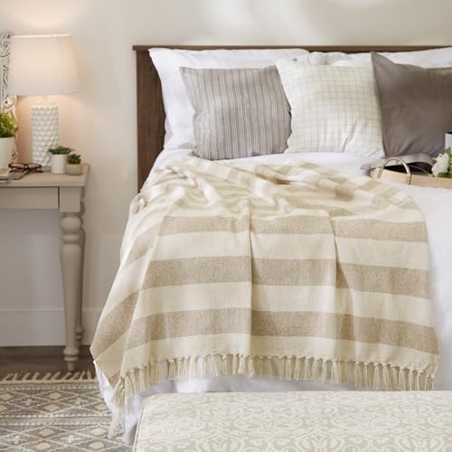 DII Rustic Farmhouse Cotton Cabana Striped Blanket Throw with Fringe, 50 x 60 - Cabana Striped Stone