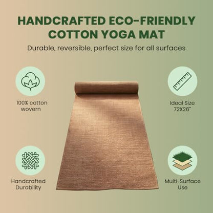 LFH Home Handmade Cotton Yoga Mat Cotton Rug picnic mat For Exercise, Workout, Fitness - Perfect Heavy Quality Eco Friendly Natural Cotton Woven Reversible Yoga Mats for Men & Women - 72x26 Inch. - color: Brown