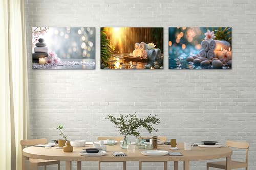 3 Pcs Zen Wall Art, Zen Stone Candle White Orchid Flower Pictures, Abstract Relax Calm Spa Paintings, Framed Zen Themed Canvas Prints Wall Decor for Living Room Bedroom Wall Home Office Artw