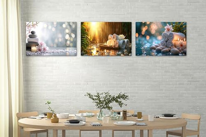 3 Pcs Zen Wall Art, Zen Stone Candle White Orchid Flower Pictures, Abstract Relax Calm Spa Paintings, Framed Zen Themed Canvas Prints Wall Decor for Living Room Bedroom Wall Home Office Artw