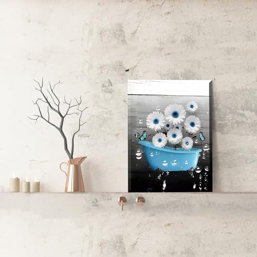 Blue Bathroom Wall Art Canvas Prints Farmhouse Wall Deocr,Blue Tub Flower Posters Washroom Aesthetic Decoration 12x16inch Framed - color: Framed-blue Tub Flower Wall Art