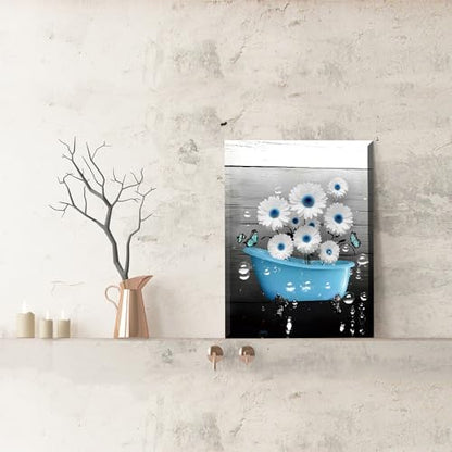 Blue Bathroom Wall Art Canvas Prints Farmhouse Wall Deocr,Blue Tub Flower Posters Washroom Aesthetic Decoration 12x16inch Framed - color: Framed-blue Tub Flower Wall Art
