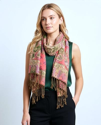 Achillea Elegant Paisley Floral Pashmina Shawl and Wrap – Boho Rave Scarf for Festival, Travel & Everyday Wear - color: Olive Rose
