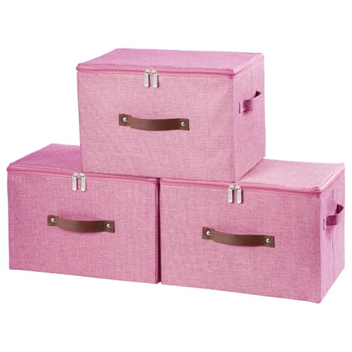3 Pack Storage Bins with Zipper Lid Fabric Lidded Storage Boxes Baskets Cubes Washable Collapsible PU Leather Handle Cotton Linen Shelves Closet Organizer Container(Pink, Large Size) - color: Pink, size: Large ( Set of 3 )