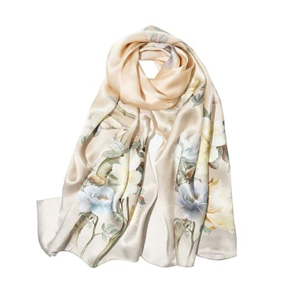 100% Mulberry Silk Long Scarf for Women Large Shawls for Headscarf and Neck- Oblong Hair Wraps with Gift Packed - color: Floral-pale Yellow