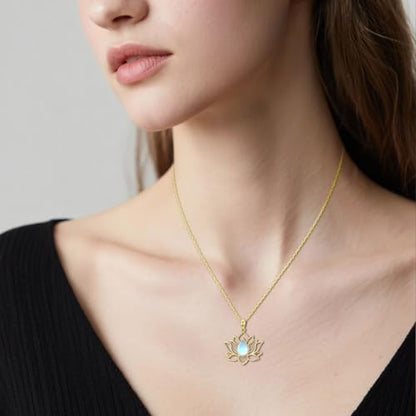 Lotus Necklaces for Women 925 Sterling Silver 7 Chakra/Yin Yang Pendant Necklace Spiritual Lotus Jewelry Birthday Yoga Gifts - style: Gold Moonstone-Lotus
