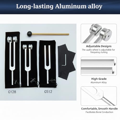 Tuning Forks for Healing Set (128Hz, 256Hz, 512Hz), Tuning Fork with Reflex Hammer for Healing/Frequency Instrument/Sound Therapy/Chakra/Yoga and Meditation Tools (Silvery), Stress Relief Gift