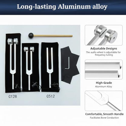 Tuning Forks for Healing Set (128Hz, 256Hz, 512Hz), Tuning Fork with Reflex Hammer for Healing/Frequency Instrument/Sound Therapy/Chakra/Yoga and Meditation Tools (Silvery), Stress Relief Gift