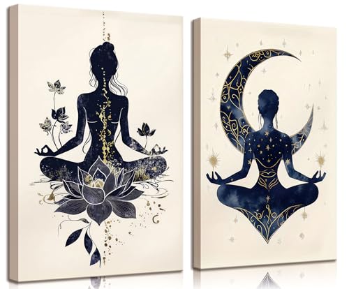 2Pcs Celestial Yoga Lotus Moon Canvas Wall Art Zen Meditation Reiki Starry Wall Decor Pictures Modern Boho Spiritual Art Style Suitable Posters Prints for Yoga Meditation Room Bedroom Home Decoration - color: canvas, size: 12"L x 16"W