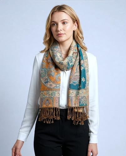 Achillea Elegant Paisley Floral Pashmina Shawl and Wrap – Boho Rave Scarf for Festival, Travel & Everyday Wear - color: Teal Dark Amber