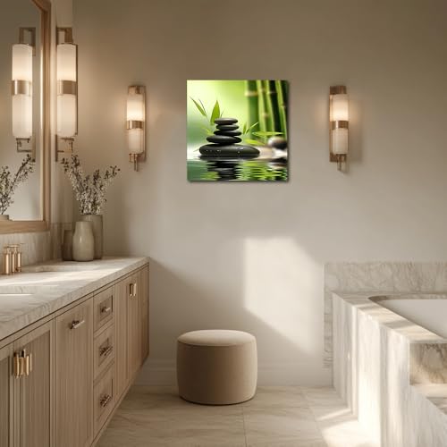 TIEHAOMAI Zen Canvas Wall Art Green Bamboo Stones Paintings Spa Stones Meditation Picture Prints for Gallery Corridor Decor（Zen-5,18x18inch (45x45cm)