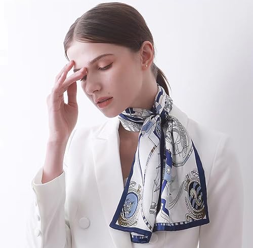 100% Silk Scarf for Women 59”*6.3” Long Shawls for Headscarf and Neck- Oblong Hair Wraps with Gift Packed - color: White&blue -Nautical