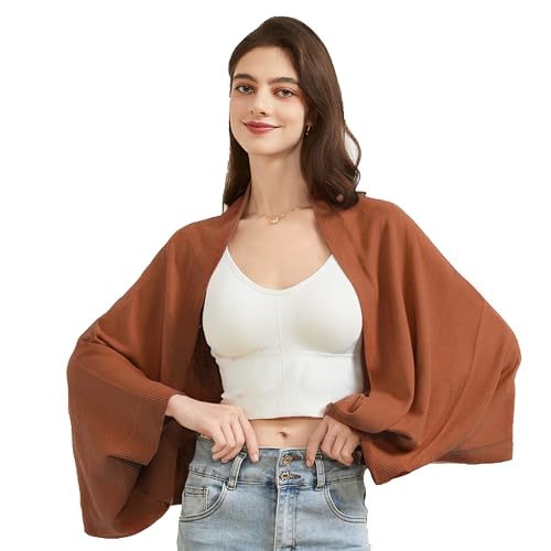 BRYCTSISEN Women's Lightweight Wool Shawl Wrap Scarf with Sleeves Outer Warm Knitted Open Front Poncho Cape Fall Winter - color: Caramel