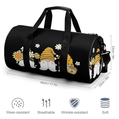 Sunflower Bee Cute Cartoon Gnome Black Cylindrical Portable Fitness Bag, Large Capacity Handbag - color: Sunflower Bee Cute Cartoon Gnome Black