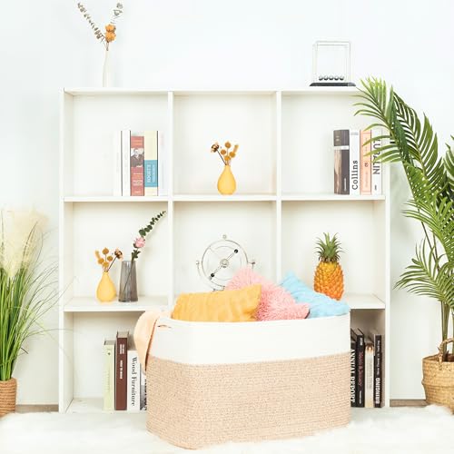 MINTWOOD Design 112L Extra Large Blanket Basket Holder Living Room, 25"x17"x16" Rectangle Rope Woven Storage Basket with Handles for Laundry, Pool Towels, Shoes, Dog Toy Organizer Bin Box, Light Brown - color: Light Brown