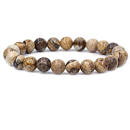 Keleny Gem Semi Precious Gemstones 8mm Natural Quartzite Stone Round Beads Crystal Stretch Bracelet 7 Inch Unisex - color: Yellow Picture Jasper