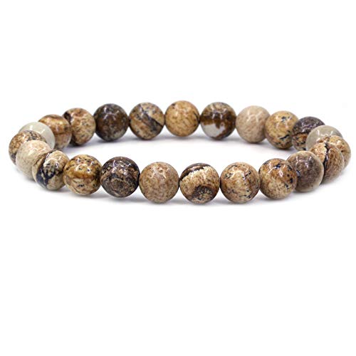 Keleny Gem Semi Precious Gemstones 8mm Natural Quartzite Stone Round Beads Crystal Stretch Bracelet 7 Inch Unisex - color: Yellow Picture Jasper