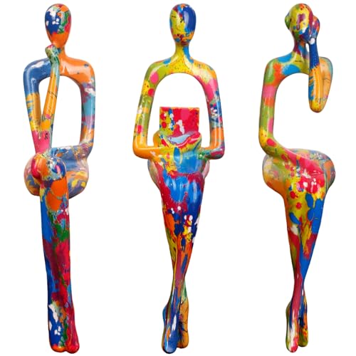 3Pcs Graffiti Thinker Statue Accents Reading Women Sculptures, Modern Aesthetic Figurine Decoration, Abstract Art Ornament,Suitable for Home Living Room Office Shelf Table Desk Bookshelf Décor - color: Graffiti a