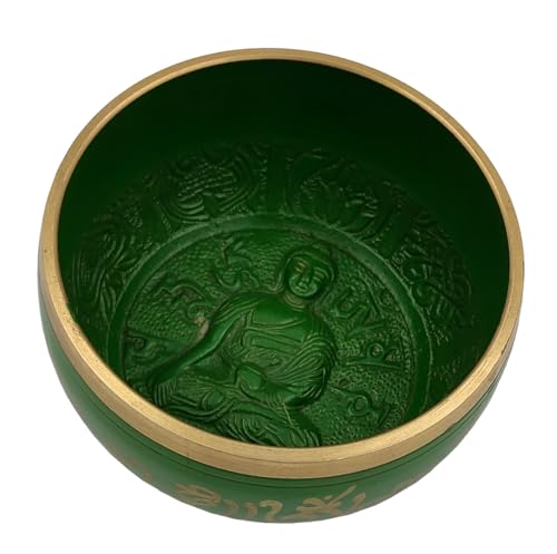 Purpledip Bell Metal Singing Bowl: Tibetan Dhyana Meditation Musical Instrument, 5 Inches, Green (10780) - style: Scripture design | 5 inches | Green
