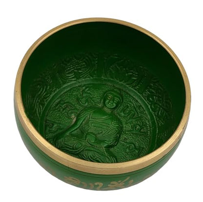Purpledip Bell Metal Singing Bowl: Tibetan Dhyana Meditation Musical Instrument, 5 Inches, Green (10780) - style: Scripture design | 5 inches | Green