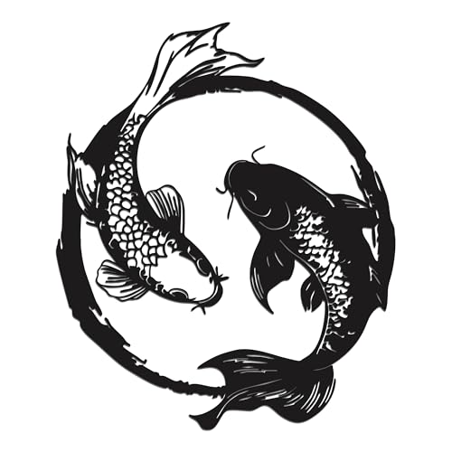 YATEASLU Yin Yang Koi Fish Metal Wall Art - Japanese Decor & Asian Wall Art with Zen Design, 11x13.2 Inch Black Iron Sculpture for Living Room, Bathroom & Yoga Room