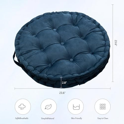 Round Floor Pillow, 23.6x23.6 Inch, Large Seat Cushion for Adults, Soft Thick Meditation Cushion Floor Seating with Handle for Yoga, Reading,Indoor, Outdoor, Dark Blue, 1PCS