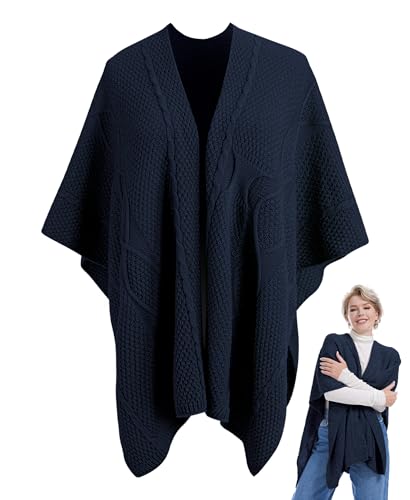 MissShorthair Knit Shawl Wraps for Women Boho Crochet Shawls Cape Open Front Cardigan - color: Navy Blue