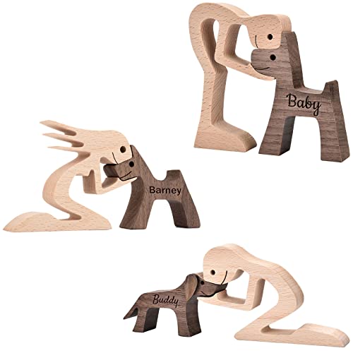 Custom Wooden Sculpture Name Engraved Human and Dog Statues - color: Custom Human and Dog