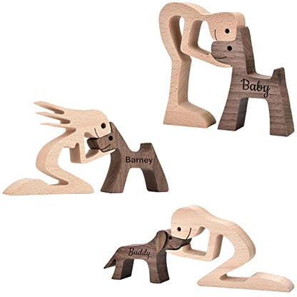 Custom Wooden Sculpture Name Engraved Human and Dog Statues - color: Custom Human and Dog
