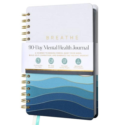 90-Day Guided Mental Health Journal for Anxiety, Mindfulness & Emotional Wellness – Daily Prompts for Self-Care, Self-Reflection, Calm, Stress Relief & Inner Strength (5.9" x 8.7" Spiral Bound) - color: Turquoise, Blue, White