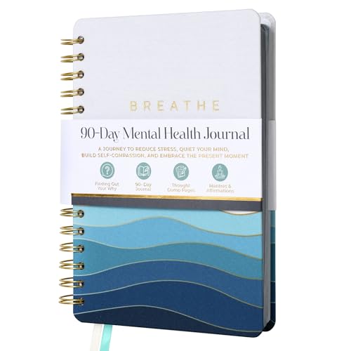 90-Day Guided Mental Health Journal for Anxiety, Mindfulness & Emotional Wellness – Daily Prompts for Self-Care, Self-Reflection, Calm, Stress Relief & Inner Strength (5.9" x 8.7" Spiral Bound) - color: Turquoise, Blue, White