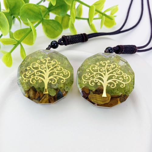 EDEN'S CALL Orgone Necklace, Tree of Life Orgonite Healing Crystal Stone Pendant Necklace for Spiritual Healing and Meditation Energy Talisman Sacred Geometry Tiger's Eye Necklaces - color: Clear Green/Peridot + Tiger's Eye