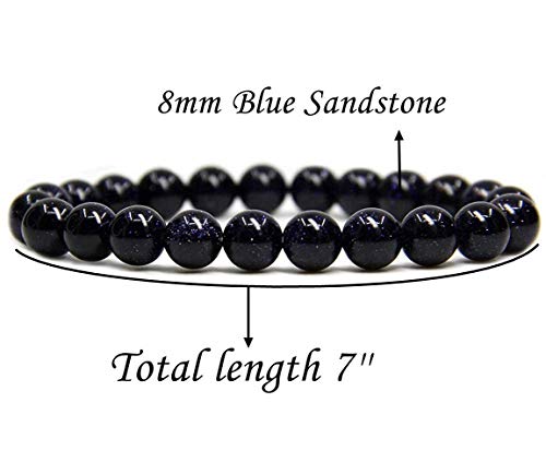 Angelstones Handmade Natural Healing Gemstone 8mm Round Beads Stretch Crystal Bracelet 7 Inch Unisex - color: Blue Goldstone
