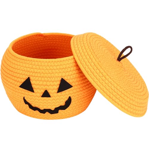 Sea Team Round Cotton Rope Storage Basket with Lid, Halloween Pumpkin Woven Storage Bin, Pot, Caddy, Organizer, Container for Snacks, Towels, Plants, 10 x 7.5 Inches (Small, Orange) - color: Halloween, size: Small