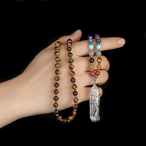 Jovivi Natural 7 Chakras Healing Crystals Necklace Wire Wrapped Clear Quartz Stone Pendant Healing Pointed Reiki Energy Balancing - color: Tiger Eye