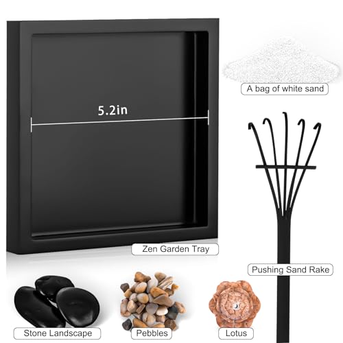 Mini Zen Garden Kit for Desk 6x6 inch with Wooden Lotus Flower, 3 Zen Stones, Pebbles, Home Office Desk Decorations (Wooden Lotus Flower)