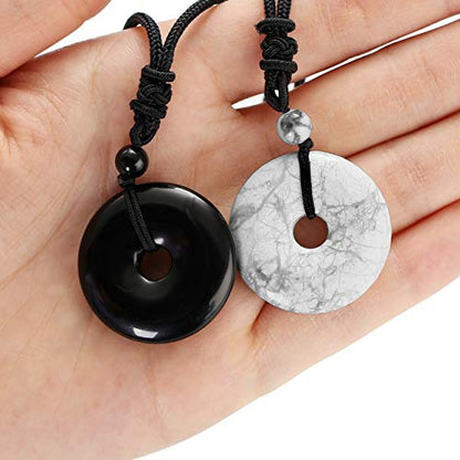 Jovivi 30mm Circle Donut Healing Crystals Necklace Natural Semi-Precious Chakra Gemstone Stone Amulet Lucky Coin Donuts Charm Protection Quartz Reiki Pendant Necklace for Men Women Adjustable Rope - color: 2pcs(White Turquoise+Black Obsidian)