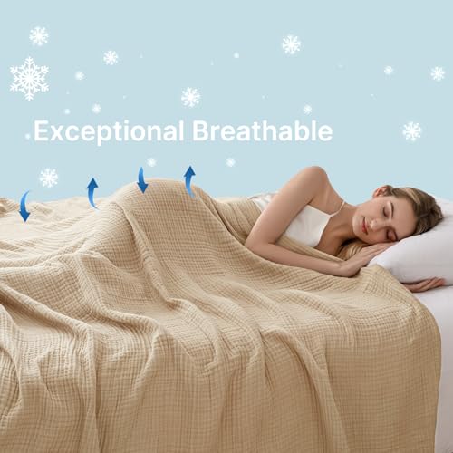 Muslin Blanket 100% Cotton Blanket Throw 50”x65”, Lightweight Breathable Summer Blanket Throw. Supersoft 4-Layer Gauze Throw Blanket for Sofa, Couch, Bed, All-Season Use, Sand