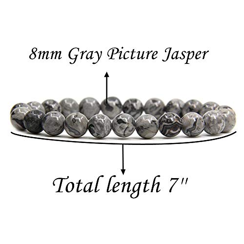 Angelstones Handmade Natural Healing Gemstone 8mm Round Beads Stretch Crystal Bracelet 7 Inch Unisex - color: Gray Picture Jasper
