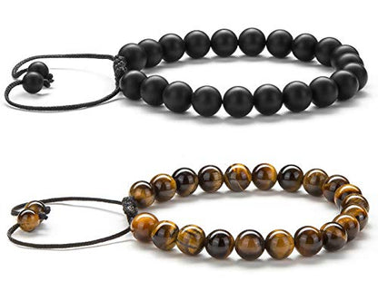 Men Women 8mm Tiger Eye Stone Beads Bracelet Elastic Natural Stone Yoga Bracelet Bangle - color: Black and Brown