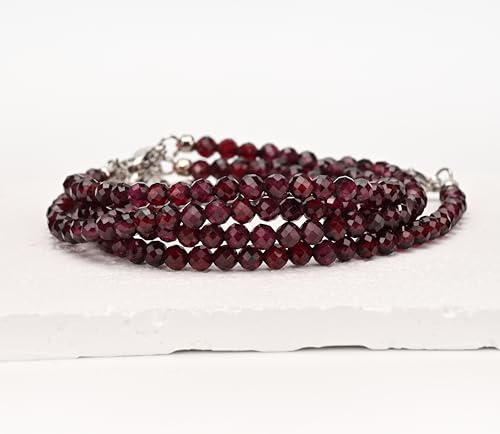 Crystal Bracelet for Women, Natural 4mm Faceted Beads Adjustable Bracelet, Small Beaded Healing Gemstone Bracelet - color: Red Garnet