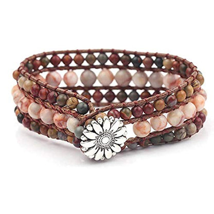 YGLINE Boho Handmade Natural Stone Bead 3 Row Wide Wrap Wrist Statment Bracelet Jewelry Collection - color: jasper