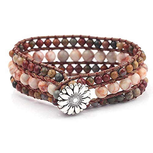 YGLINE Boho Handmade Natural Stone Bead 3 Row Wide Wrap Wrist Statment Bracelet Jewelry Collection - color: jasper