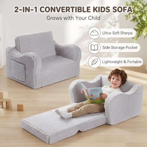 MOMCAYWEX Kids Sofa, 2-in-1 Flip-Out Foam Couch with Soft Sherpa Cover, Cozy Play Lounge Chair, Grey - color: Grey, size: Medium