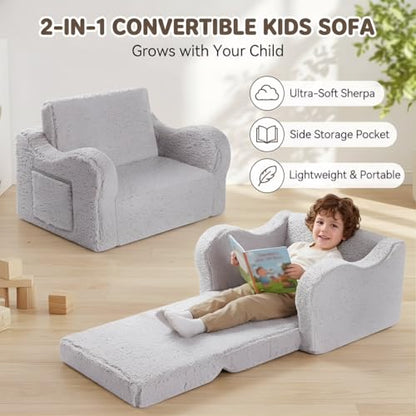 MOMCAYWEX Kids Sofa, 2-in-1 Flip-Out Foam Couch with Soft Sherpa Cover, Cozy Play Lounge Chair, Grey - color: Grey, size: Medium