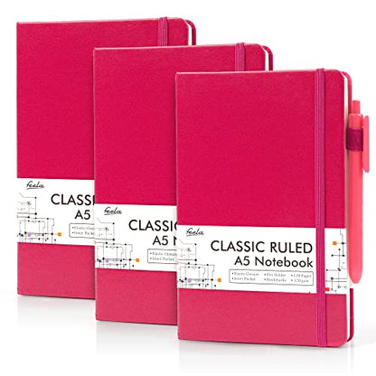 feela 3 Pack Notebooks Journals Bulk, Hardcover Notebook Classic Ruled Lined Journals with Pen Holder for Women Girls School Business Supplies, with 3 Black Pens, 120 GSM, 5.1”x8.3”, A5, Berry - color: 3 Pack berry