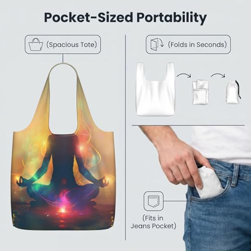 Yoga Meditation (5) For Foldable Shopping Bag, Washable Storage Tote For Work And Travel